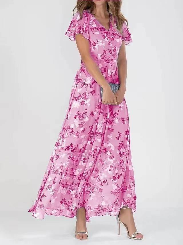 Flowers Print Short Sleeve Dress Summer Fashion Ruffle Beach Dresses Women's Clothing - YAXSO