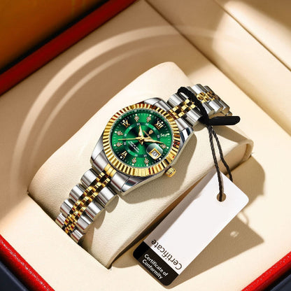 Women's quartz wristwatch with green dial and two-tone stainless bracelet