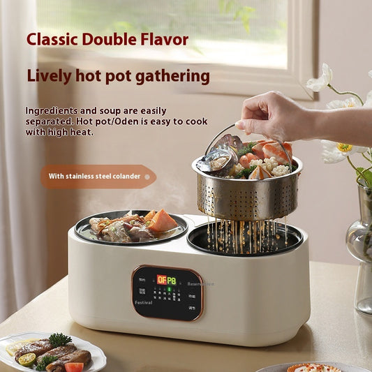 Electric hot pot with food being added, featuring a colander, on a kitchen counter.