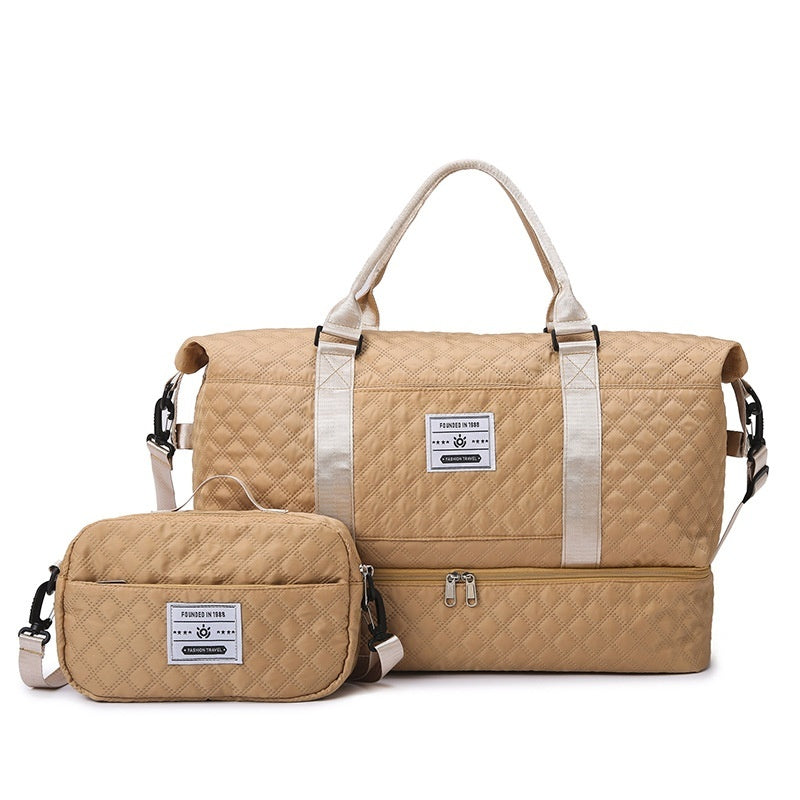Beige quilted travel bag with front zip and matching crossbody pouch