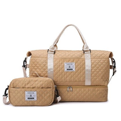 Beige quilted travel bag with front zip and matching crossbody pouch