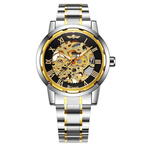 Silver and gold watch with a black face and Roman numerals on a white background