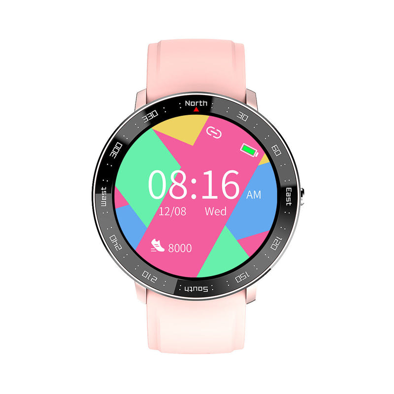Smart watch with pink silicone band and round black touchscreen display