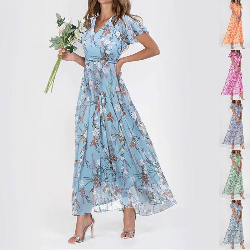 Flowers Print Short Sleeve Dress Summer Fashion Ruffle Beach Dresses Women's Clothing - YAXSO