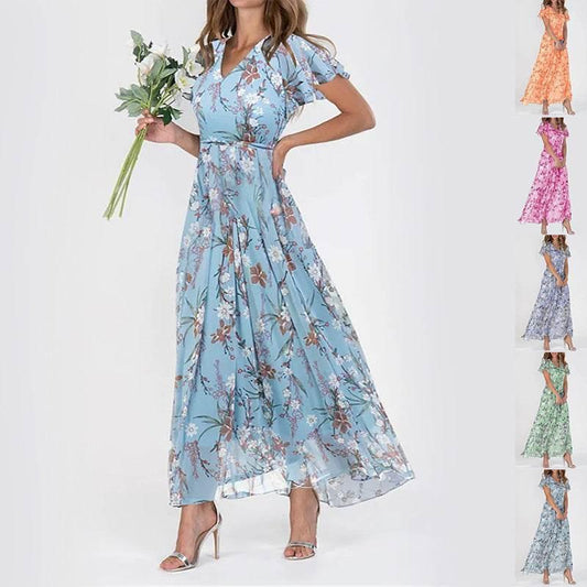 Flowers Print Short Sleeve Dress Summer Fashion Ruffle Beach Dresses Women's Clothing - YAXSO