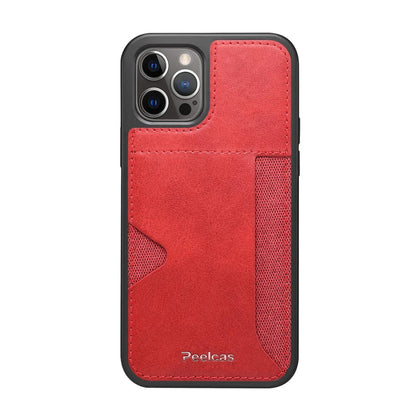 Red leather card phone case with front card pocket and textured side card holder