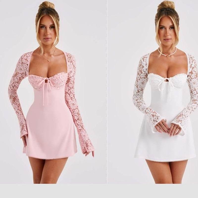 Fashion Corset Lace Long Sleeve Dress Sexy Y2K Backless Lace Up Short Dresses Womens Clothing - YAXSO