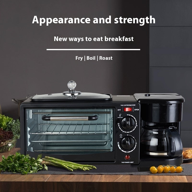 Multifunctional kitchen appliance with oven and coffee maker on a wooden table.