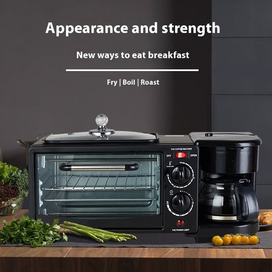 Multifunctional kitchen appliance with oven and coffee maker on a wooden table.