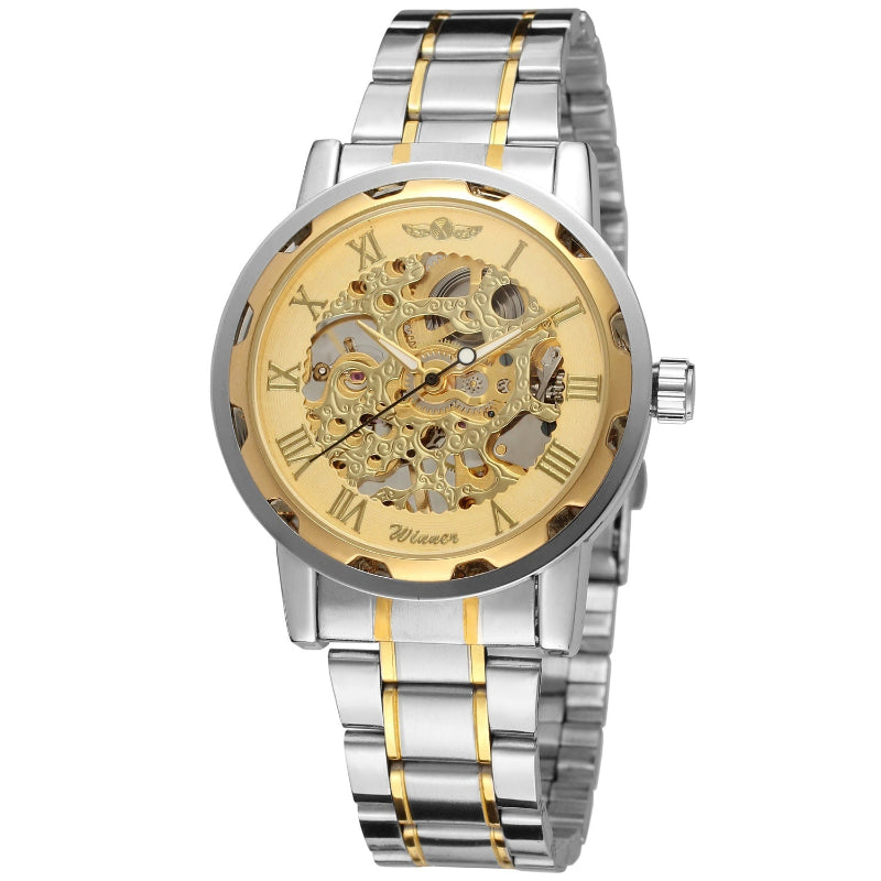 Watch with gold and silver band on a white background