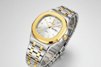 Two-tone stainless steel quartz watch with white dial, gold case ring, link bracelet