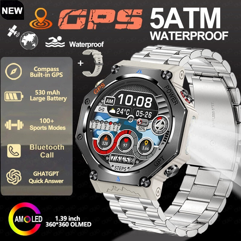 Silver multifunction outdoor smartwatch with steel bracelet and multicolor round display