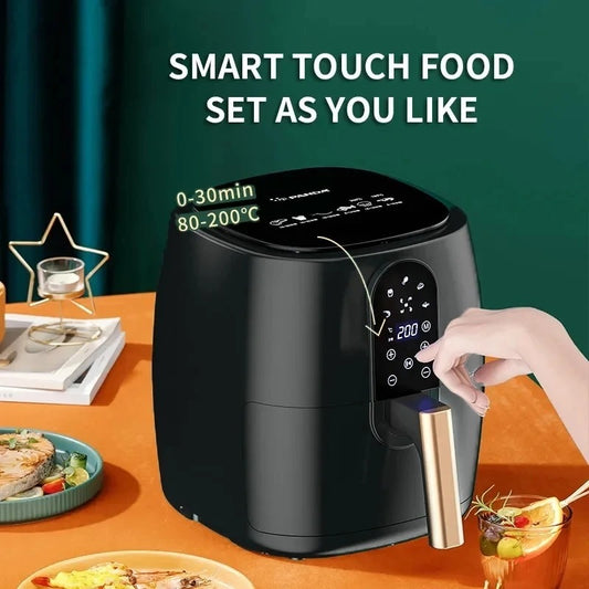 Black smart touch food appliance on a table with a hand adjusting settings, surrounded by food.
