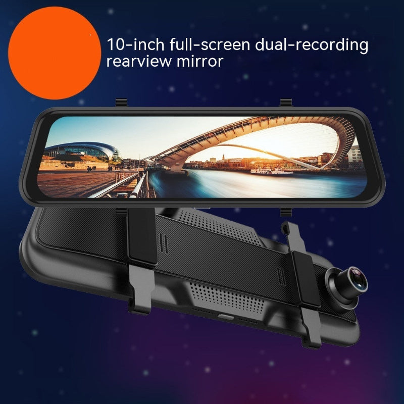 10-inch full-screen dual-recording rearview mirror with a scenic display on a dark background
