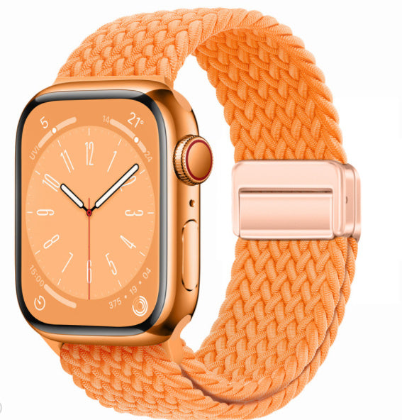 Smartwatch with an orange braided strap on a white background