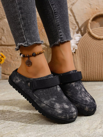 Round-toe flat slip-on shoes with buckle strap, dark gray