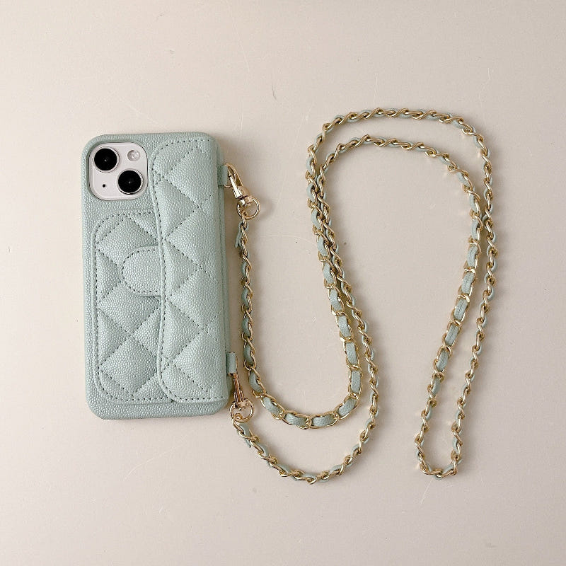 Quilted mint phone crossbody case with gold chain strap, camera cutouts visible
