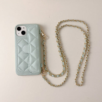 Quilted mint phone crossbody case with gold chain strap, camera cutouts visible