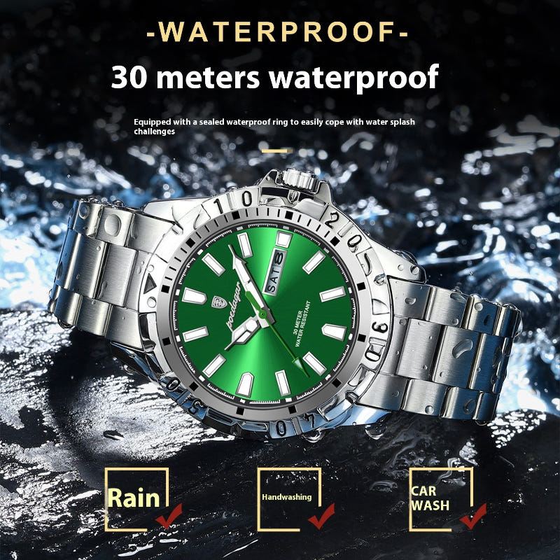 Men's Swiss quartz dress watch with green dial and silver metal bracelet, outdoors water splash