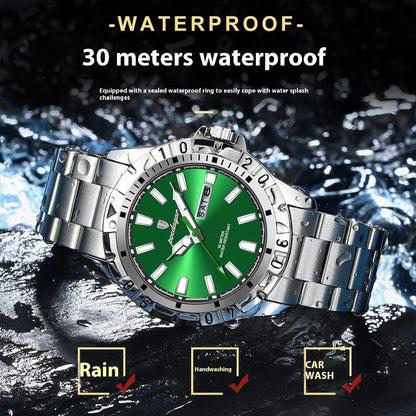 Men's Swiss quartz dress watch with green dial and silver metal bracelet, outdoors water splash