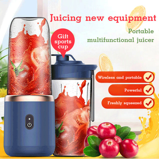 Portable multifunctional juicer with juice splashes and fruits on a white background