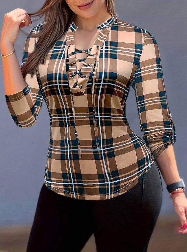 Women's Plaid Notch Neck Criss Cross Tie Short Sleeve T-Shirt - YAXSO
