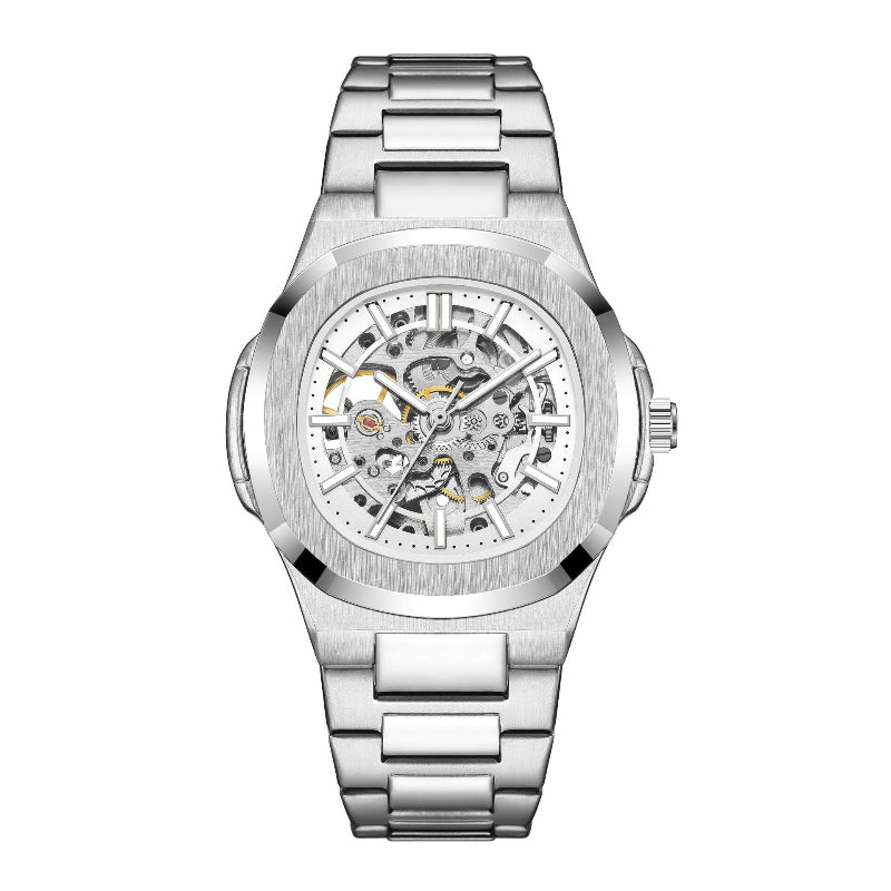 Silver wristwatch with a detailed mechanical face on a white background