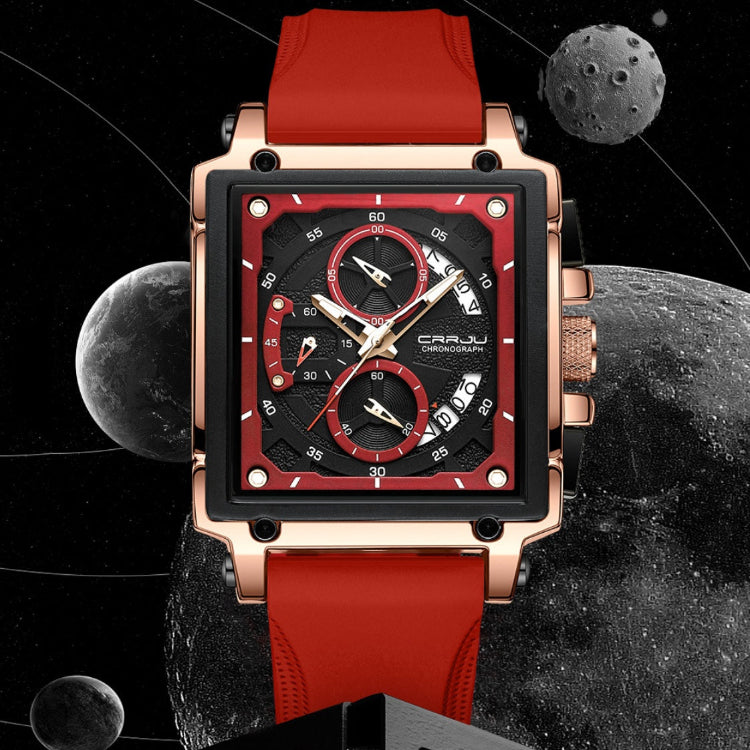 Luxury watch with red strap and detailed face against a space-themed background