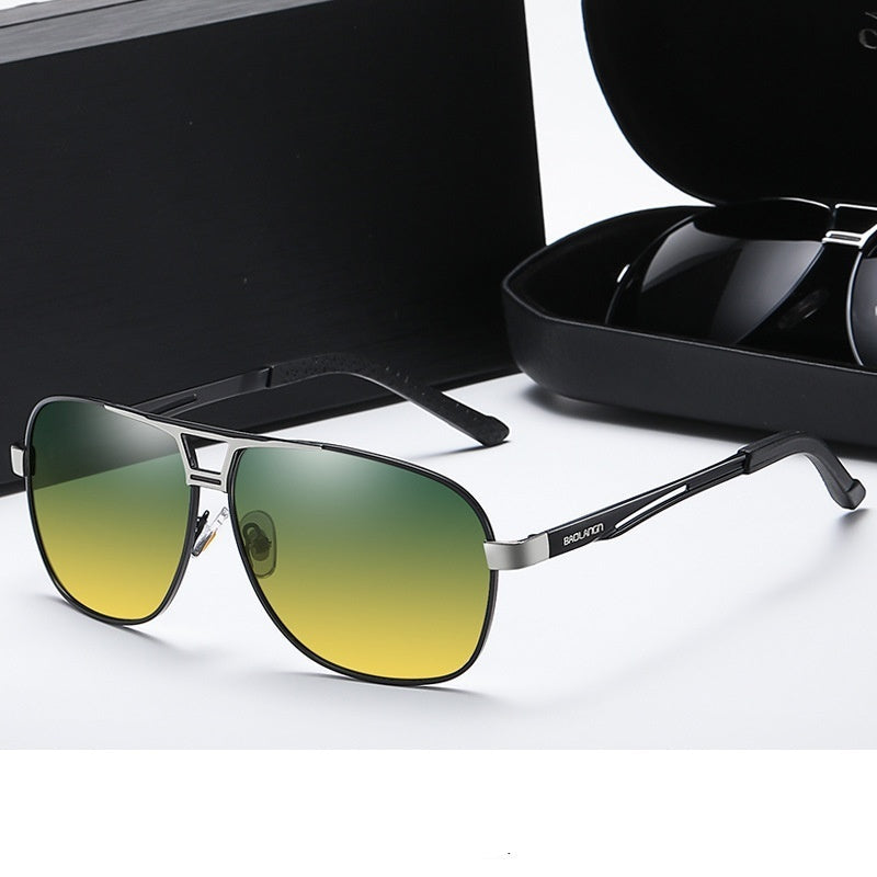 Black silver frame sunglasses with day and night lenses on a white background