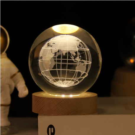 LED crystal ball night lamp with glowing globe map light design on wooden base