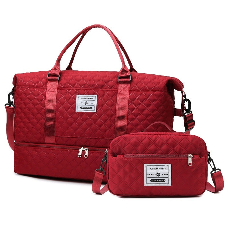Red quilted travel bag with shoulder strap and matching crossbody pouch