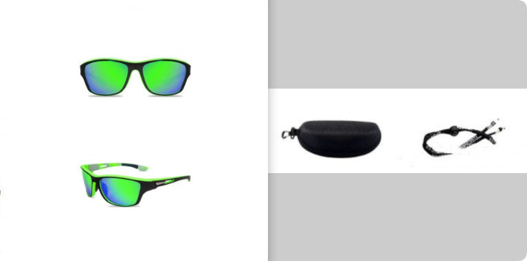 Sunglasses with green reflective lenses, case, and strap on a white background.