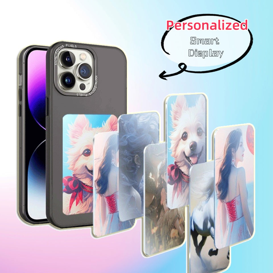 E-ink smart display phone case with animal-print e-ink panels, mixed colors