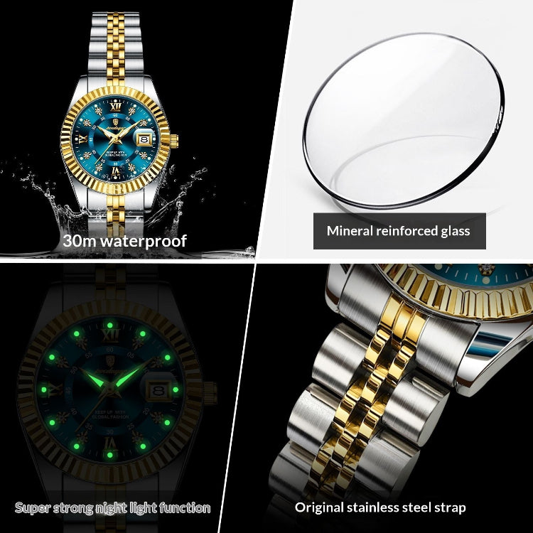 Collage of a watch with features highlighted, including water resistance, mineral reinforced glass, night light function, and stainless steel strap.
