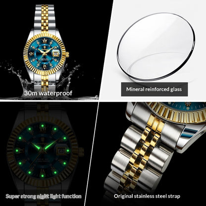 Collage of a watch with features highlighted, including water resistance, mineral reinforced glass, night light function, and stainless steel strap.