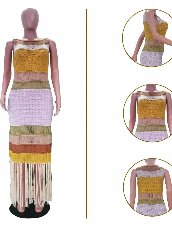 Multicolored striped dress on a mannequin with close-up insets.