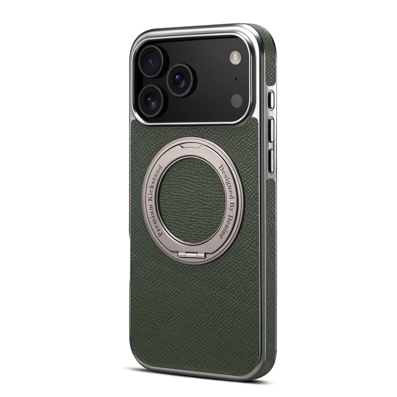 Green phone case with metallic ring holder on a white background