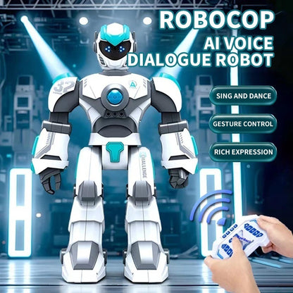 Robotic figure with AI voice dialogue capabilities in a futuristic setting