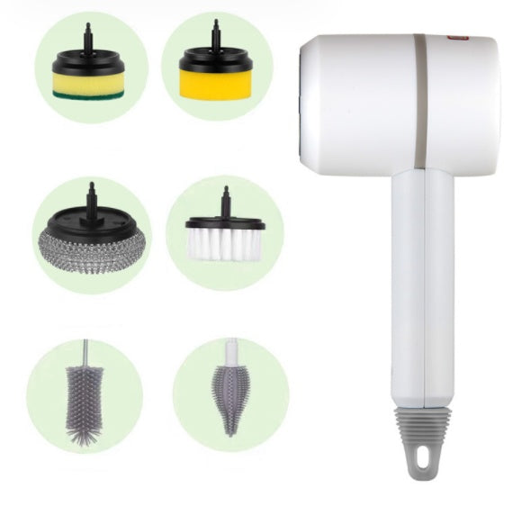 White handheld cleaning tool with various attachments on a white background