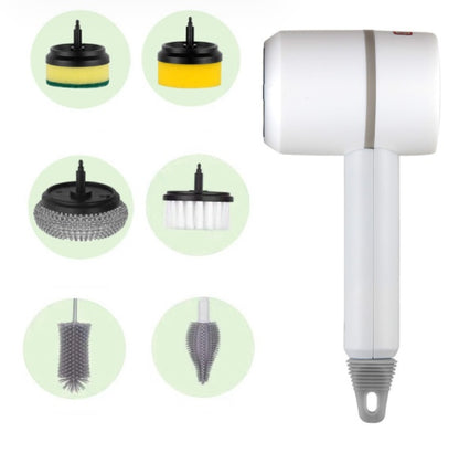 White handheld cleaning tool with various attachments on a white background
