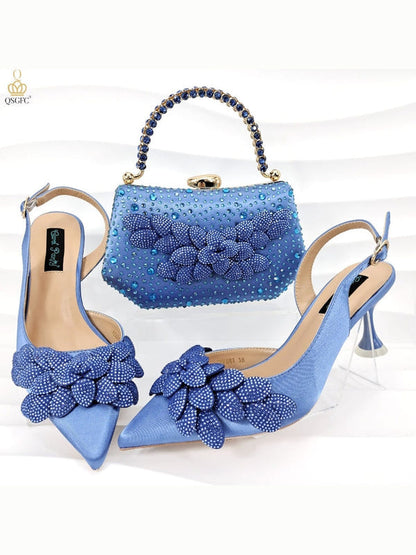 Sky-blue rhinestone heels and matching jeweled handbag set for women