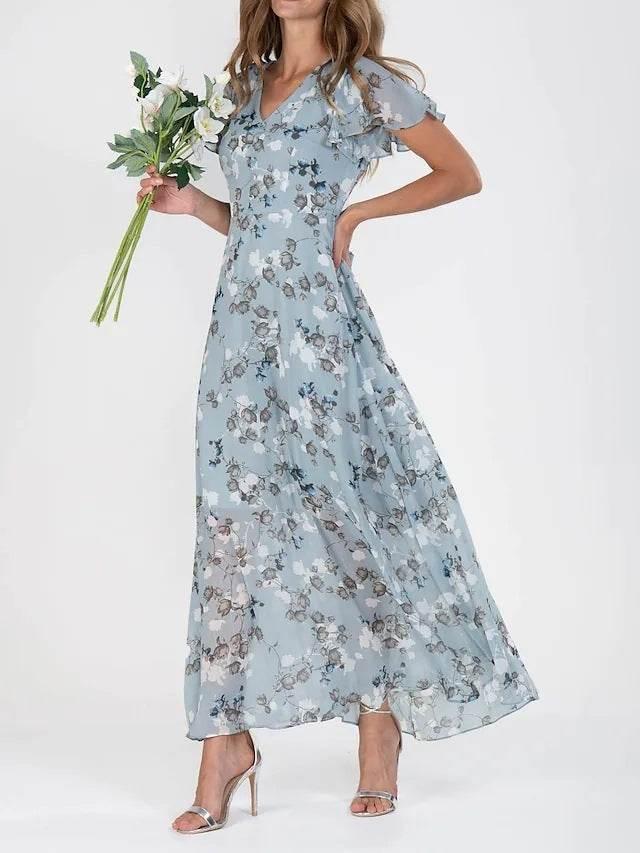 Flowers Print Short Sleeve Dress Summer Fashion Ruffle Beach Dresses Women's Clothing - YAXSO