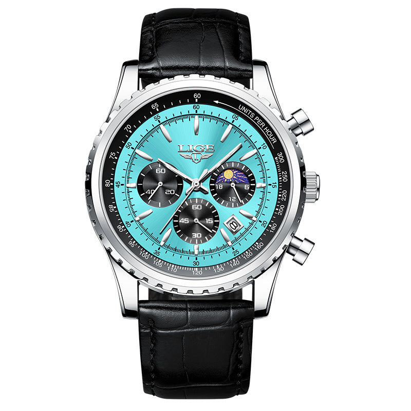 Wristwatch with black leather strap and blue dial on a white background