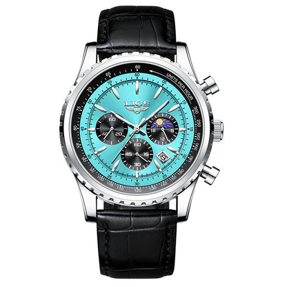 Wristwatch with black leather strap and blue dial on a white background