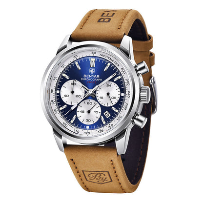 BENYAR quartz watch with blue dial, three light subdials, silver-tone case and tan strap