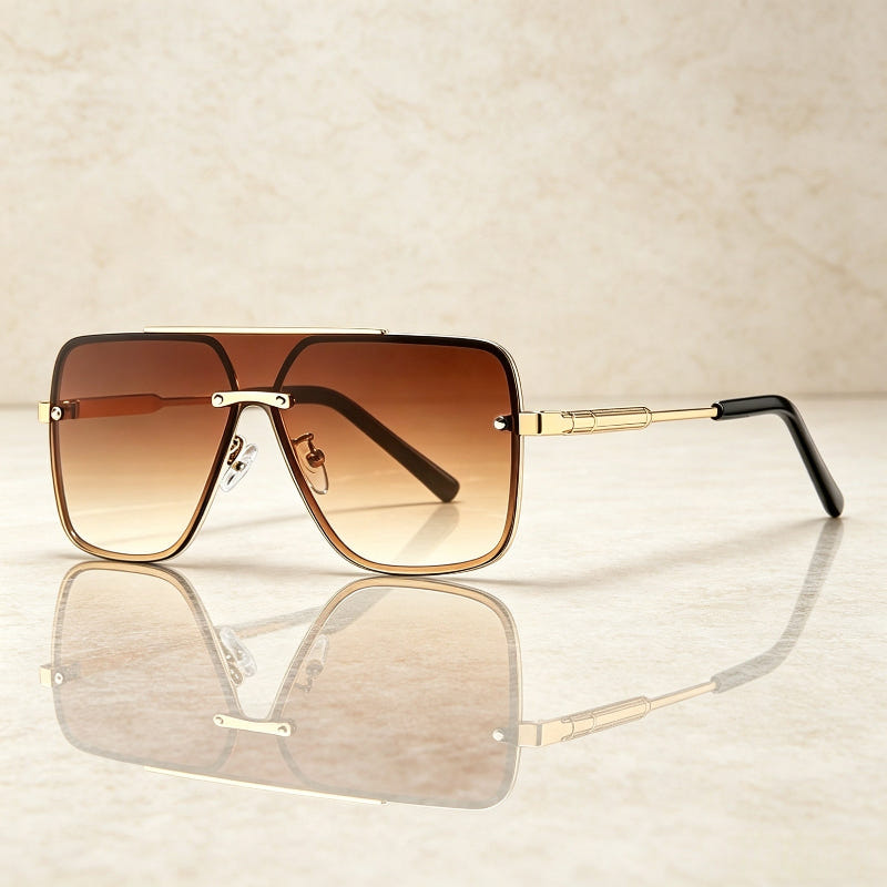 Unisex UV protection sunglasses, rectangular brown gradient lenses with gold frame