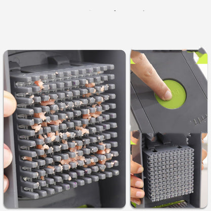 Vegetable cutter insert with raised grid and hand pressing a green release button