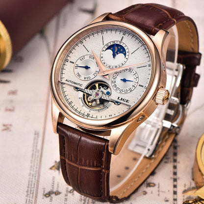 Men's automatic calendar watch with moonphase dial, rose-gold case, brown leather strap