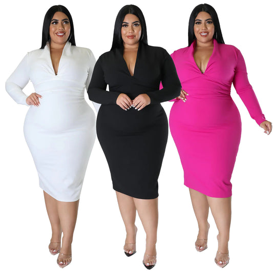 Solid Color Long Sleeve V-Neck Dress