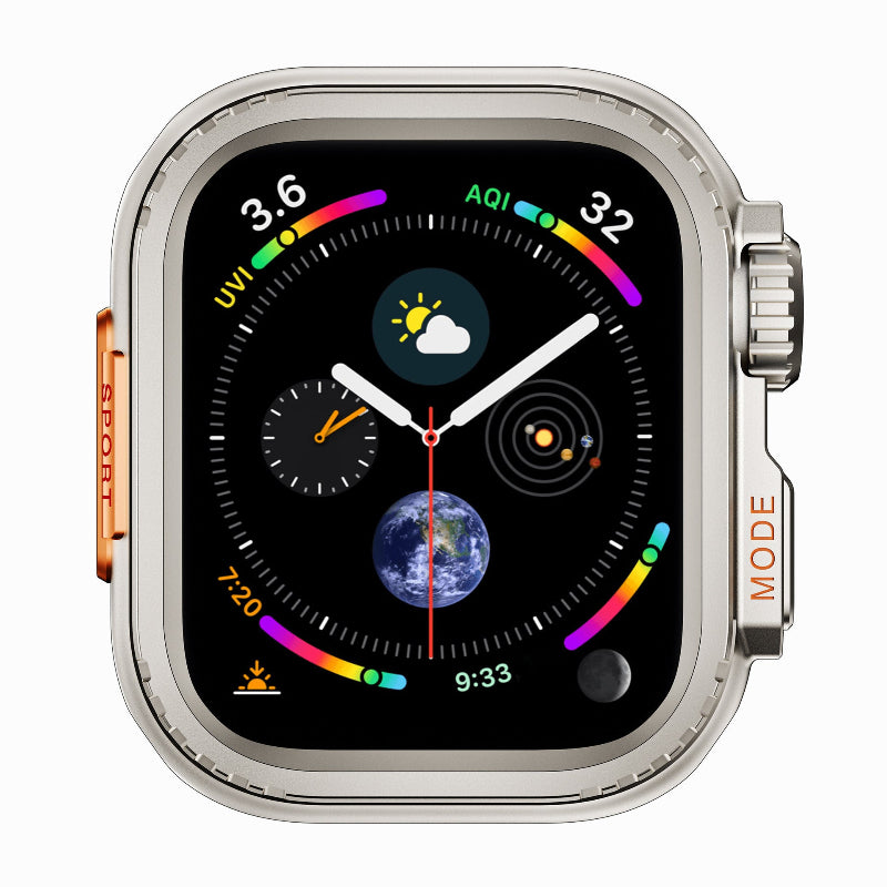 Silver titanium magnetic watch strap with attached watch case, front view